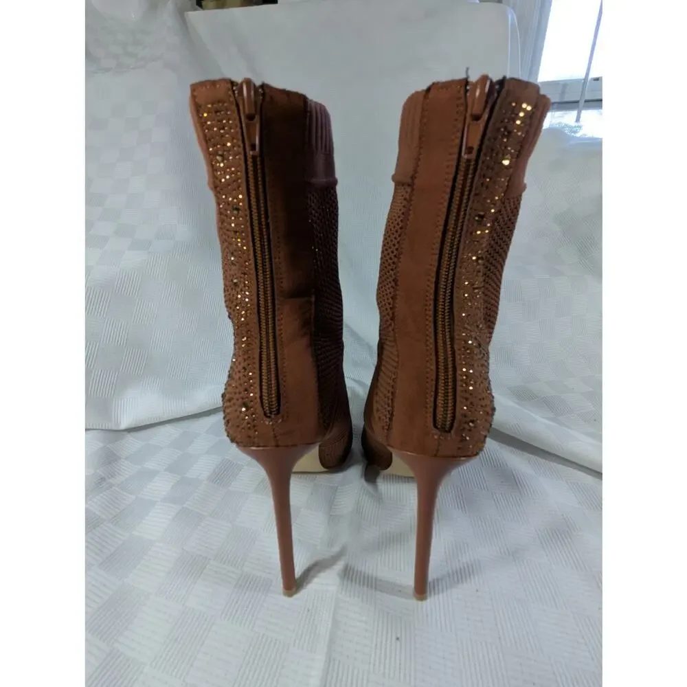 NWOT! ROUGE HELIUM! LUXE BROWN KNIT ELASTIC FITTED STILETTO ANKLE BOOTS! SZ 10M